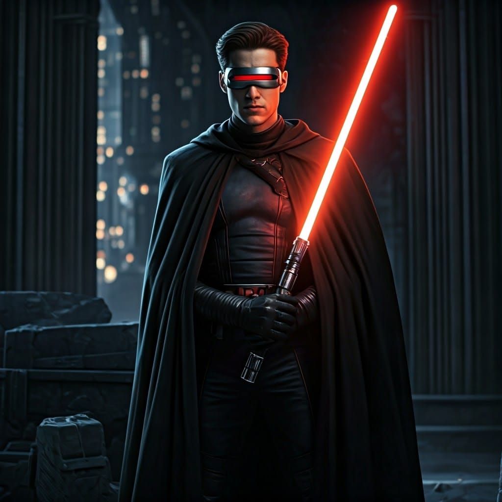 Cyclops from the X-Men is a Sith Lord, holding lightsaber, wearing a black cloak, on a city block