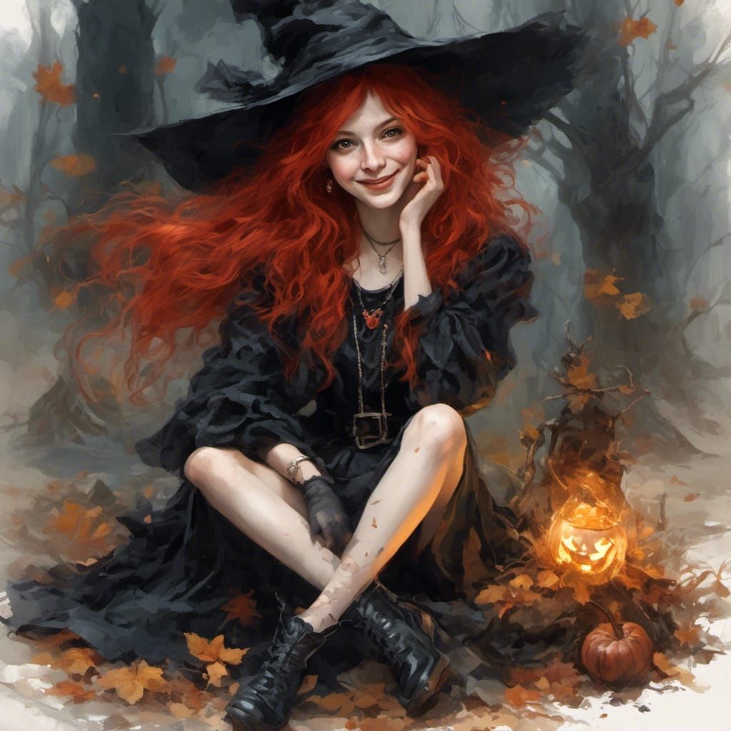 Gothic Witch Smiling in Hyperreal Style