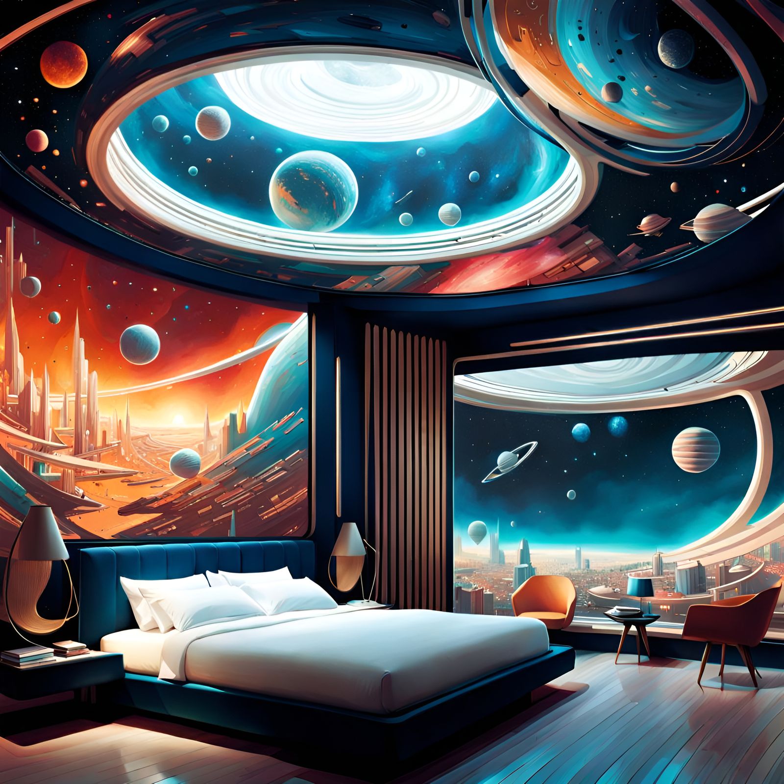 Hyperdetailed Space Bedroom Interior in Mixed Media Style
