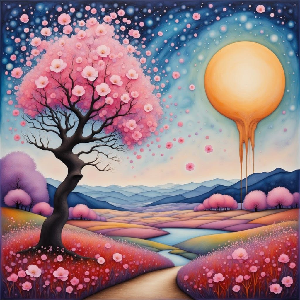 Surreal Cherry Blossom Landscape in Melting Oil