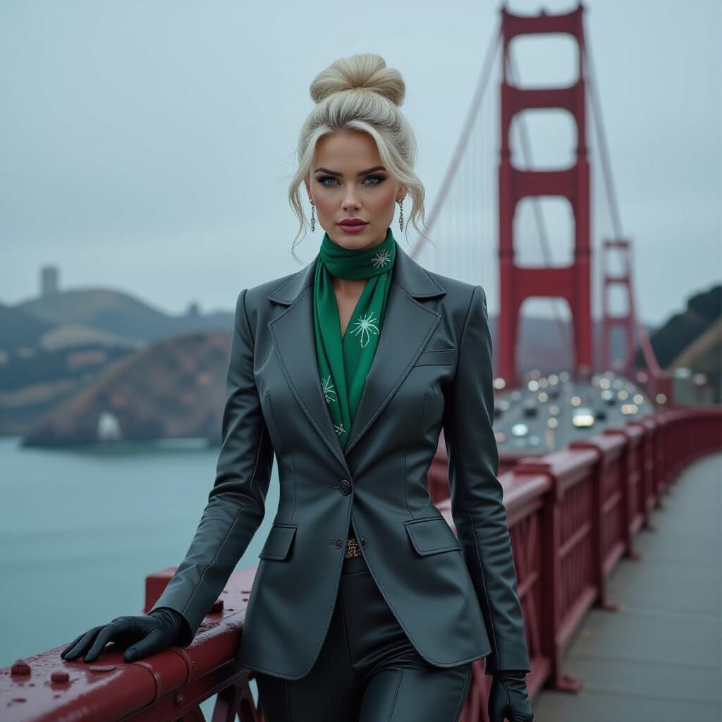 Chic Witch on the Golden Gate Bridge in Gothic Noir Style