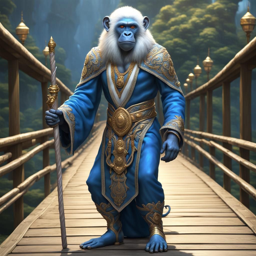 Blue Monkey God with Staff: Dark Fantasy Art