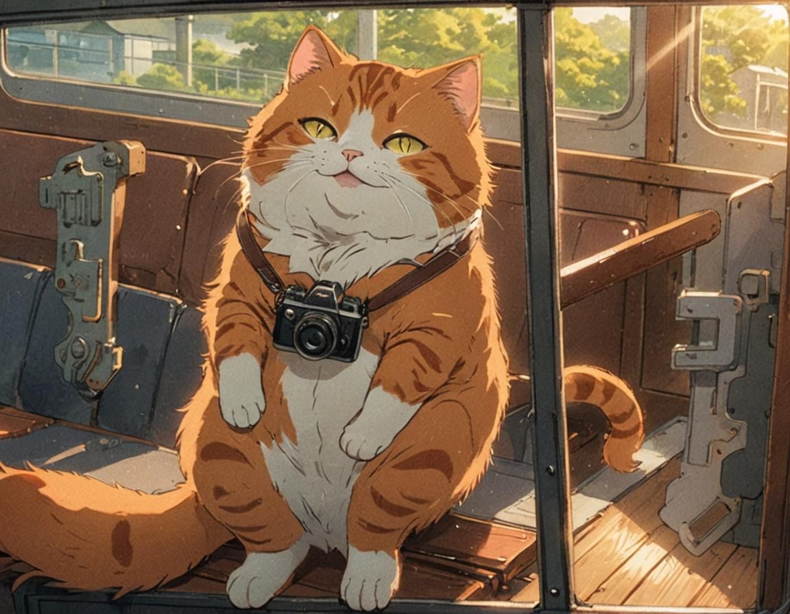 Anime Cat Photographer on Train in Makoto Shinkai Style