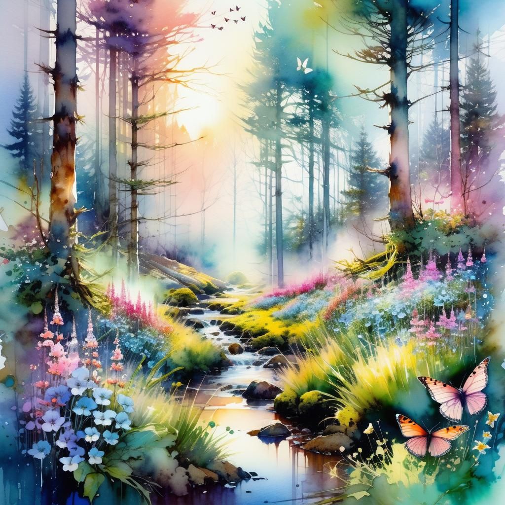 Spring Forest in Digital Watercolor Style