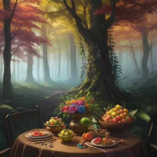 Enchanted Forest Fruit Basket in Oil Painting Style