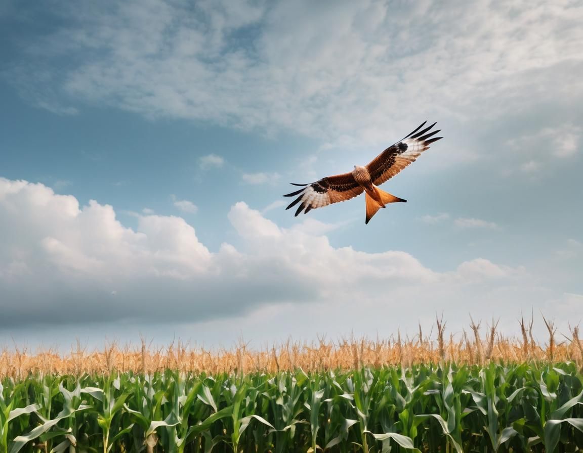 Red kite in the sky over a corn field