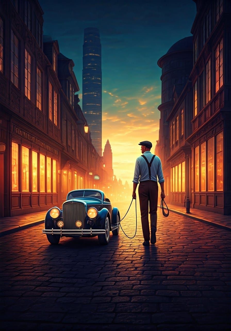 Man Walking Pet Vintage Roadster Through Futuristic City