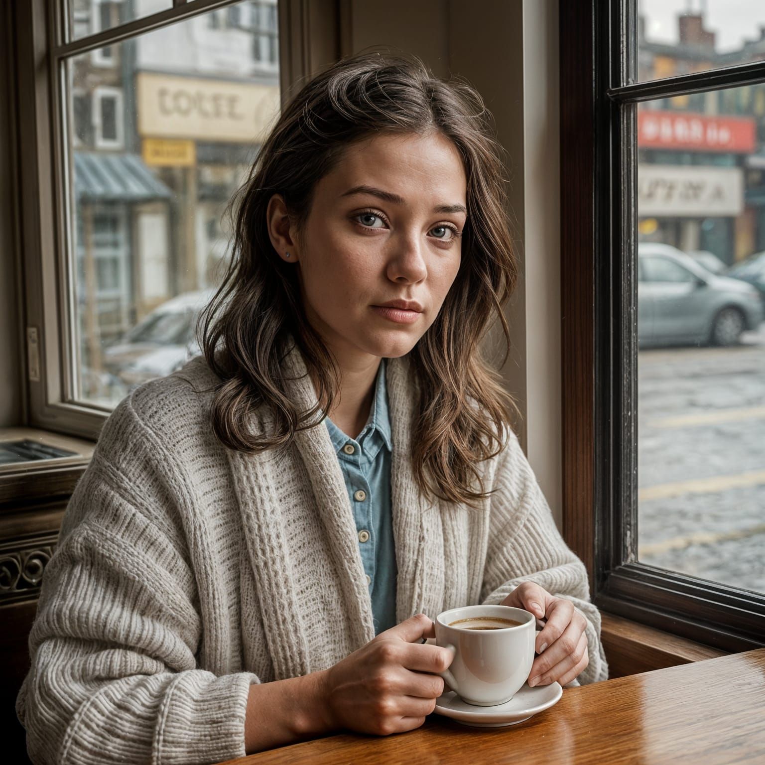 A Young Woman Waits Alone in a Rainy Café Scene