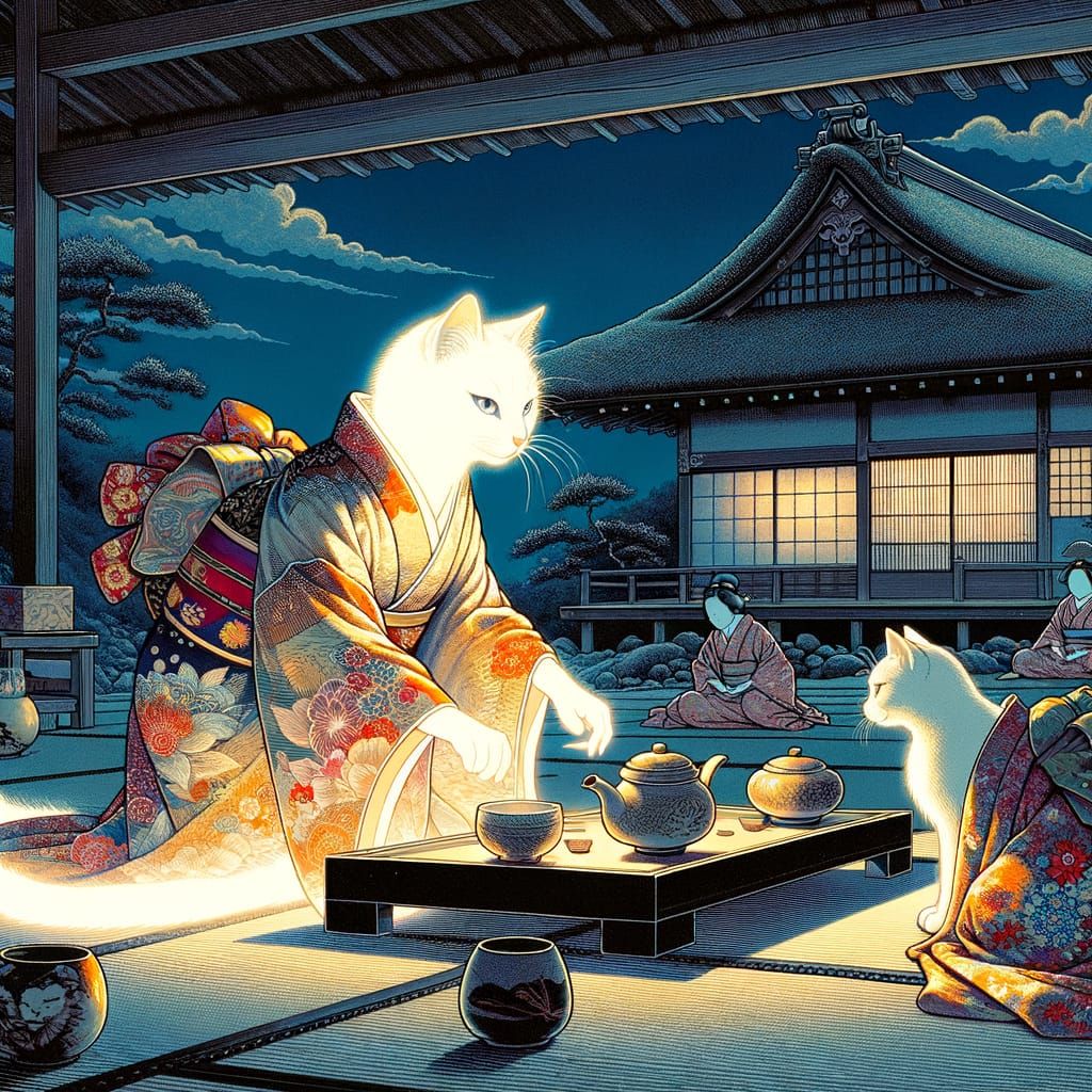Cat Tea Ceremony in Japanese Folklore Style