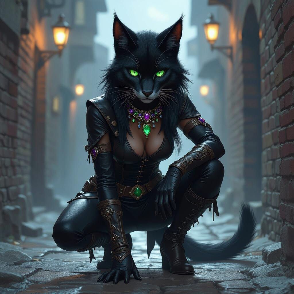 Tabaxi Rogue with Jeweled Collar in Dark Fantasy Style