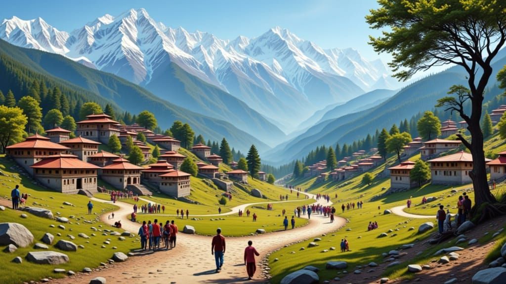 Himalayan Village Scene in Post-Impressionist Style