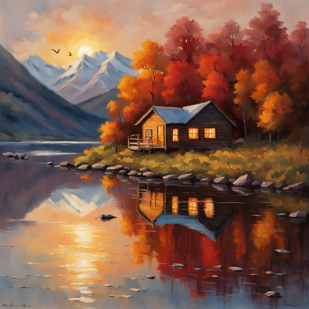 Serene Autumn Cabin Lakeside Sunset Painting