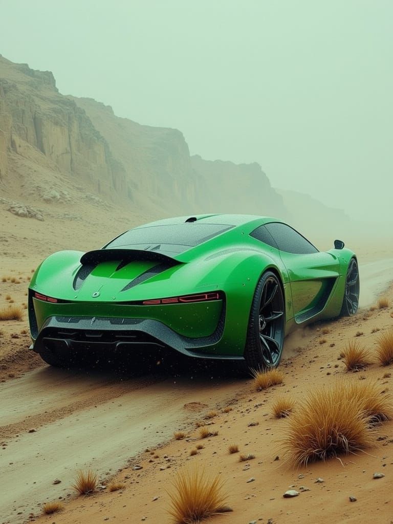 Futuristic Green Concept Car in Desert Blizzard