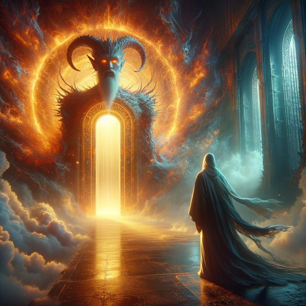 Fiery Djinn Guarding Dimensional Gate in Digital Art