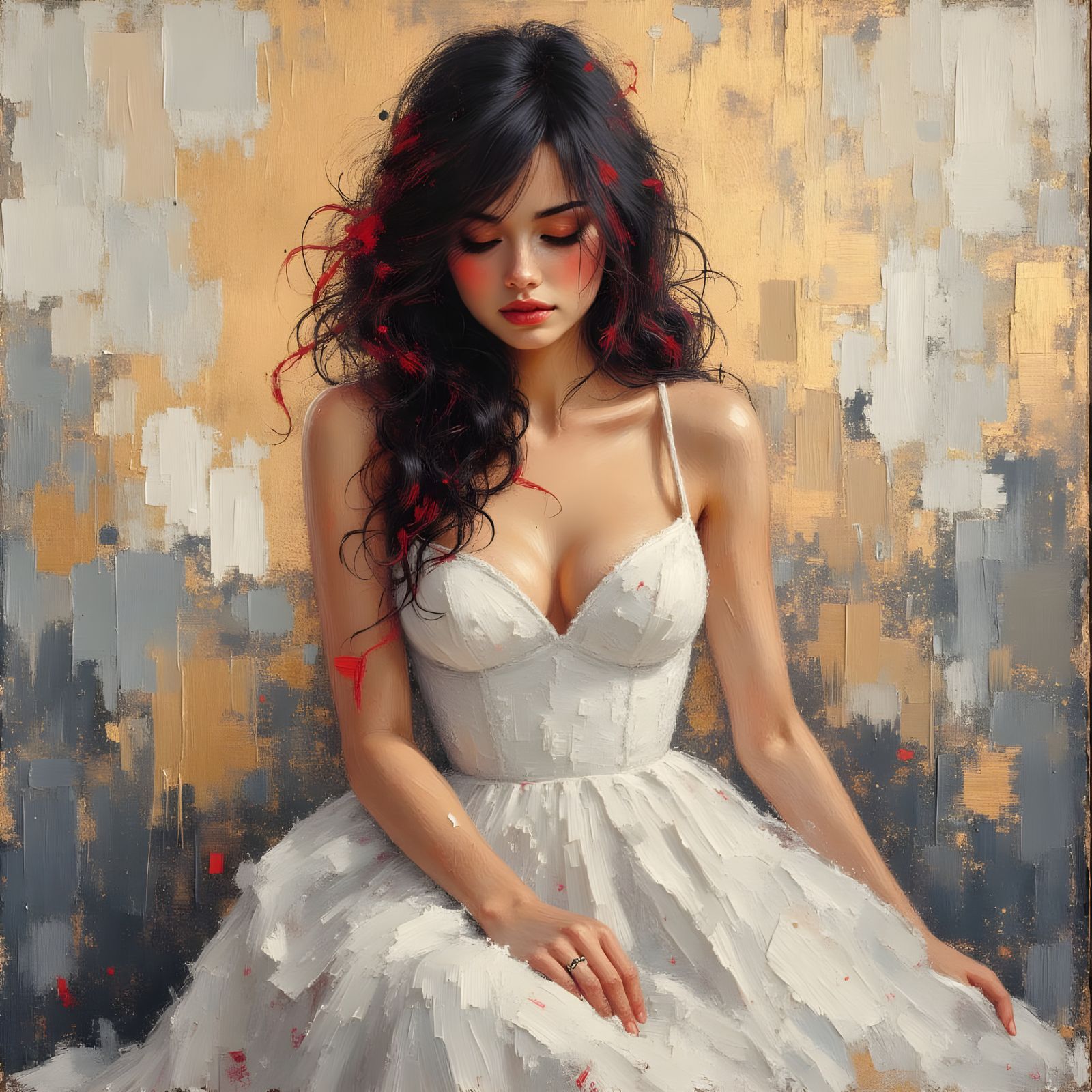 Impasto Oil Painting of a Woman in White Dress
