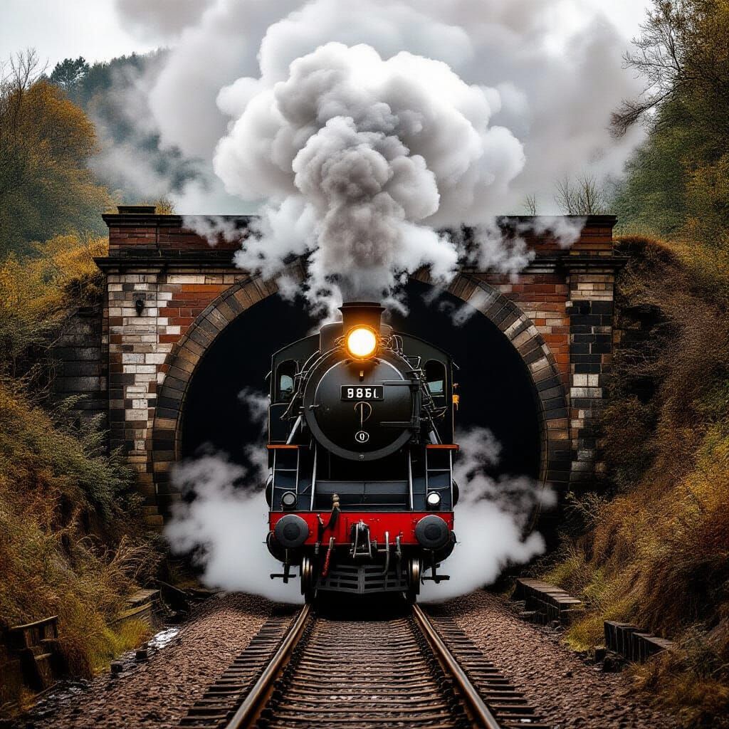 Vintage Steam Train Emerges From Tunnel in Sepia Tones