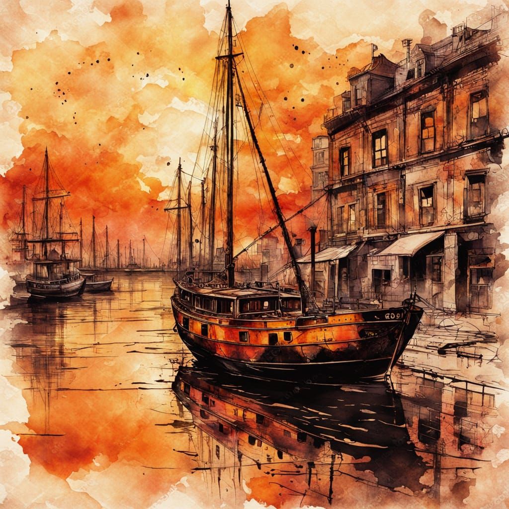 Surreal Steampunk Scene at Sunset in Modern European Ink Pai...