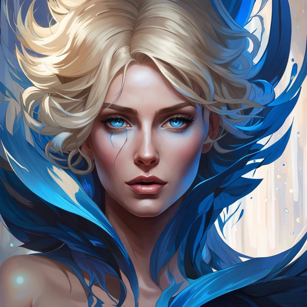 Beautiful crying goddess with short blond hair and striking blue eyes severance