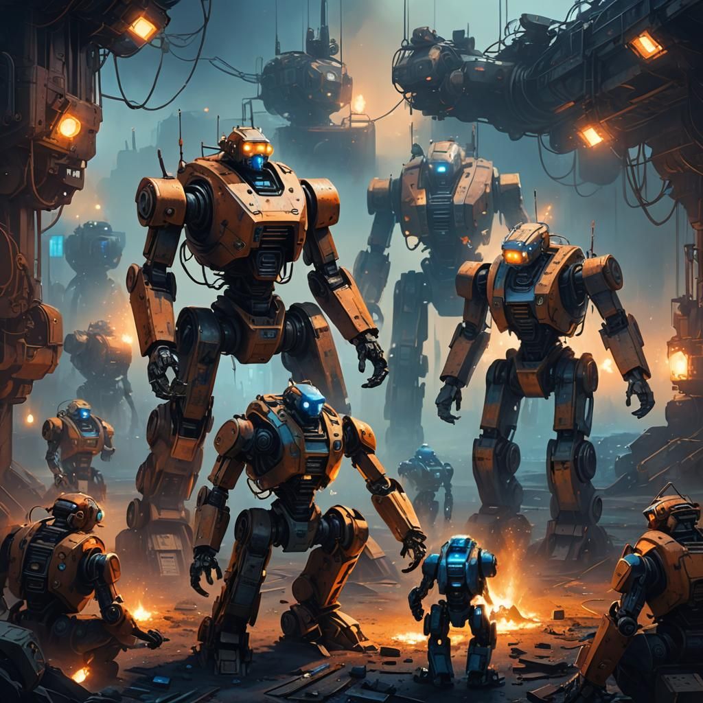 Robots Huddled in Industrial Sci-Fi Ambiance