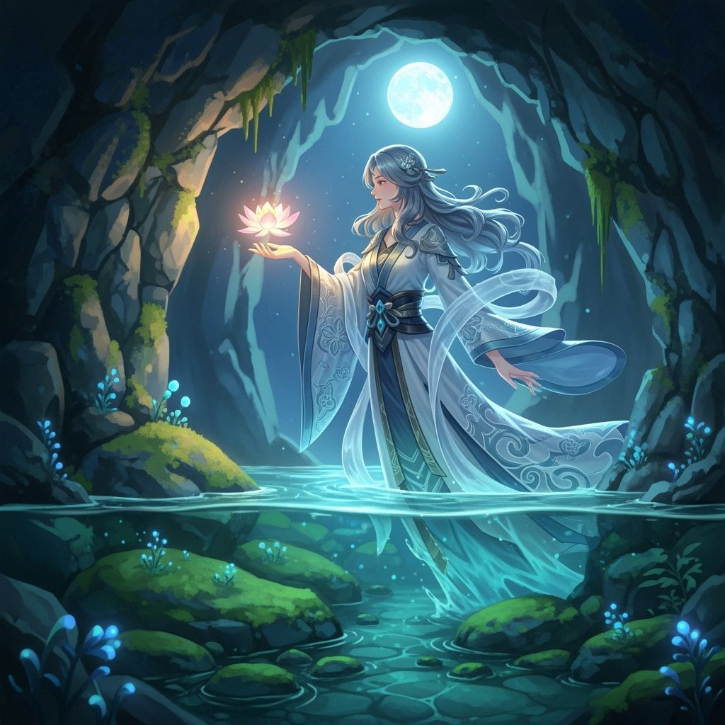 Ethereal Water Spirit in Moonlit Grotto, WLOP Style