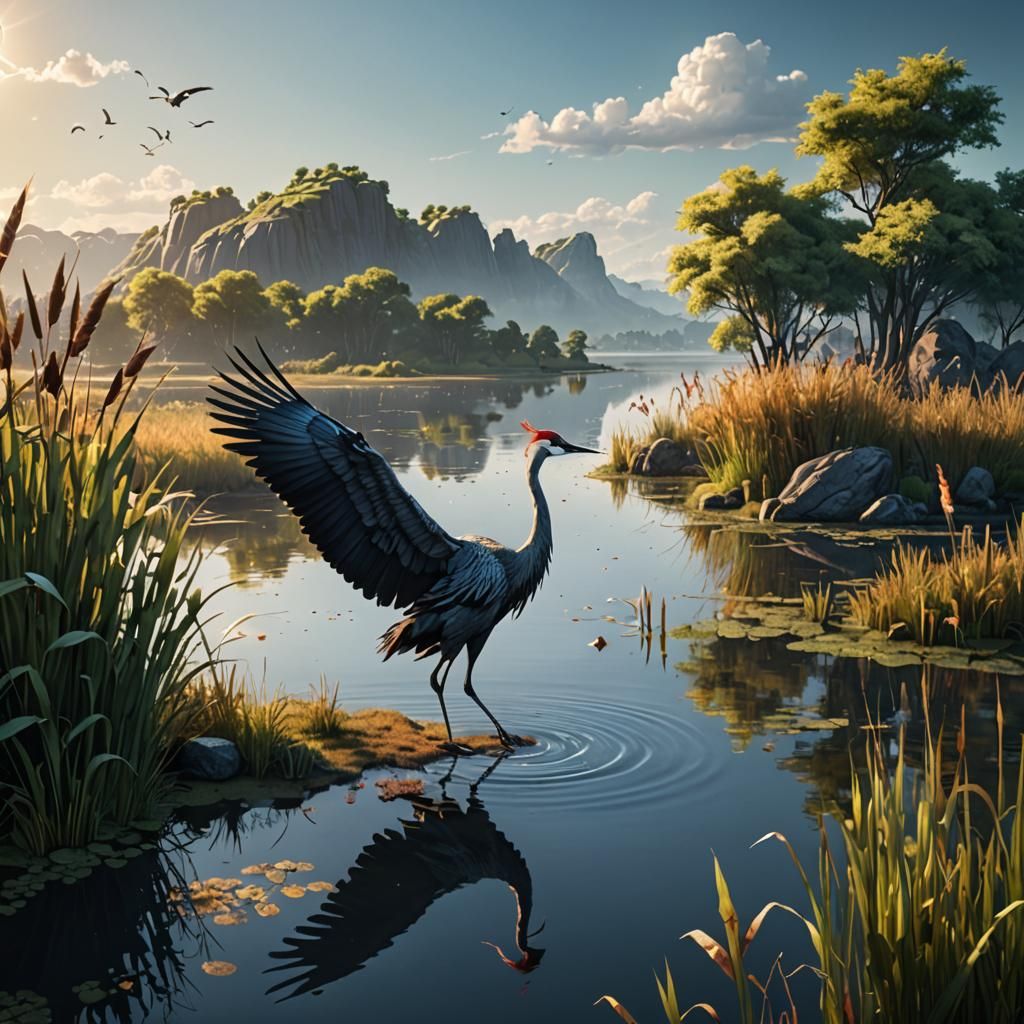 Crane Takes Flight: Detailed Matte Painting