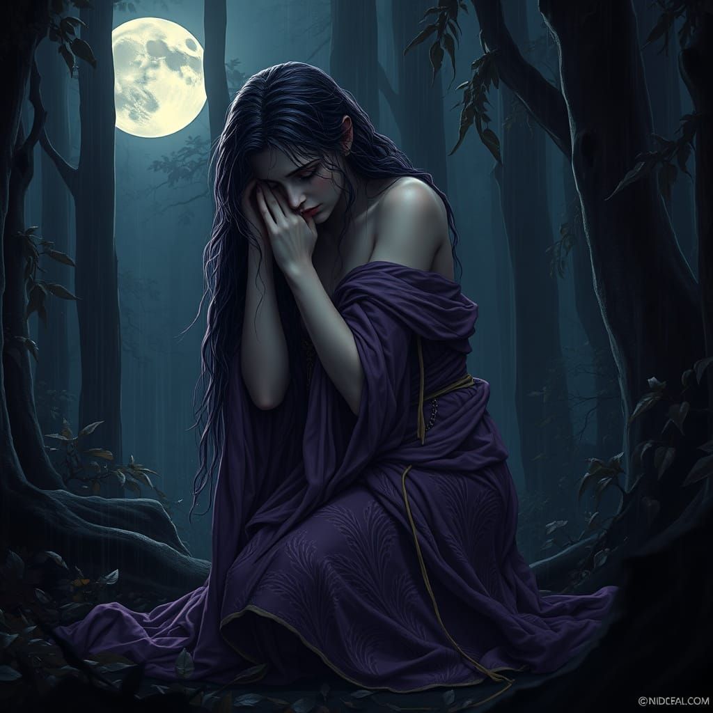 Melancholic Goddess Under Ethereal Moonlight