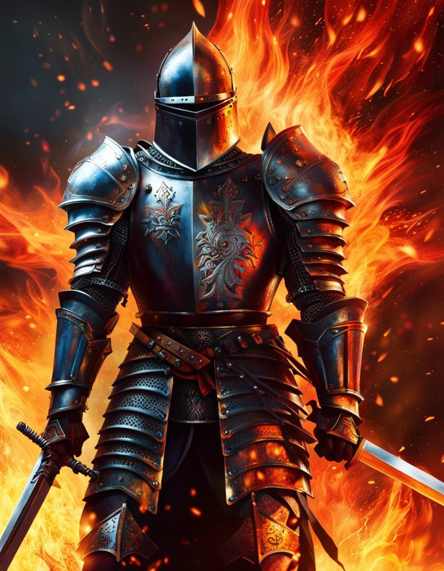 Knight Walking Through Fire in Damaged Armor