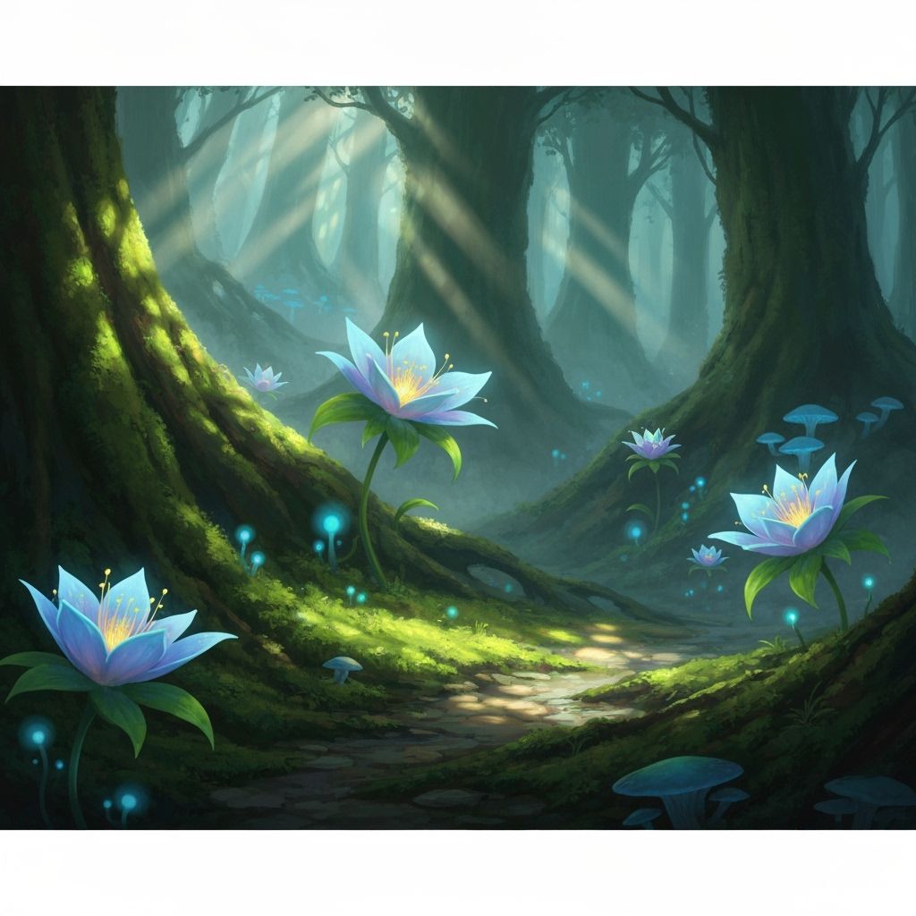 Enchanted Forest Blooms with Ethereal Light