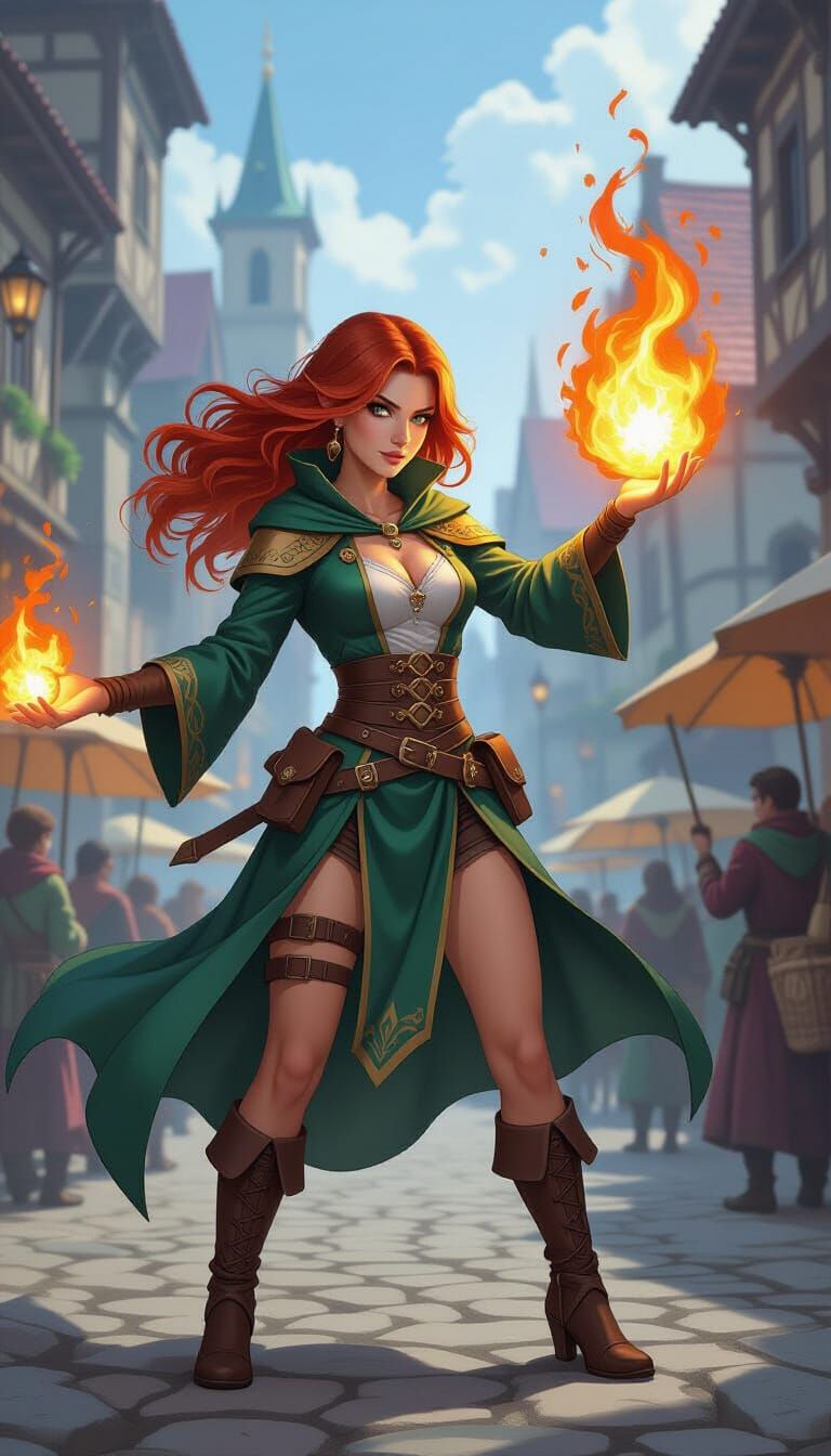 Red-Haired Wizard Casting Fireball Spell in D&D Style