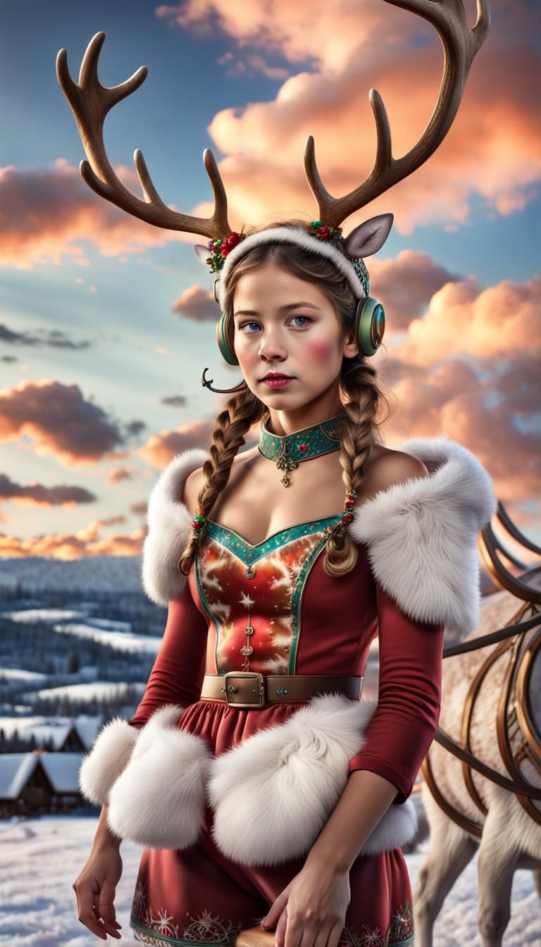 Festive Reindeer Girl in a Christmas Scene