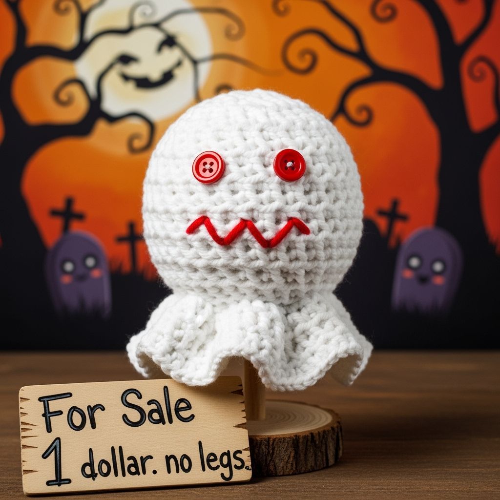 Adorable Yarn Ghost with Button Eyes on Halloween Backdrop