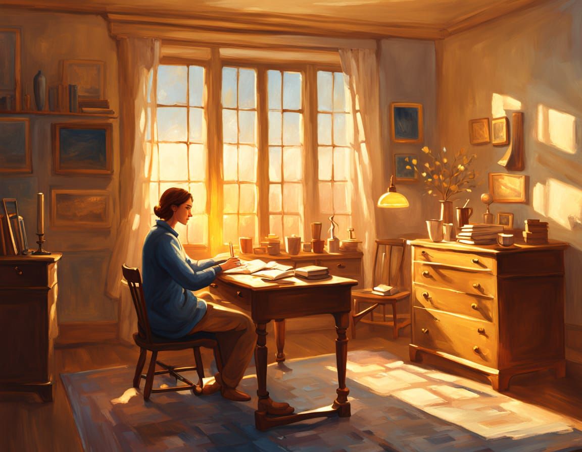 Cozy Writer's Room in Warm Oil Painting Style