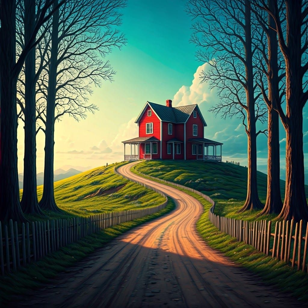 rural scene of a red house on a hill a long winding dirt roa...