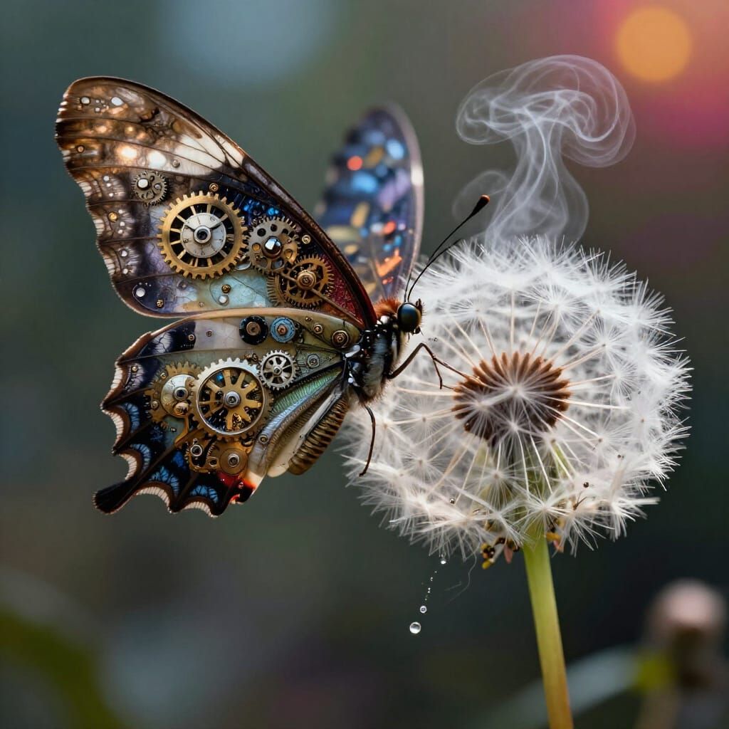 Steampunk Clockwork Butterfly on Dandelion
