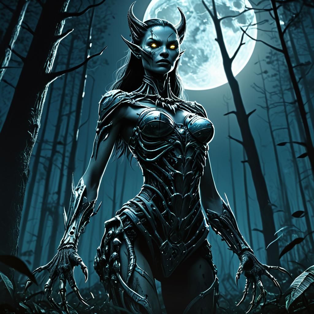 Gothic Cybernetic Werewolf in Dark Fantasy Landscape