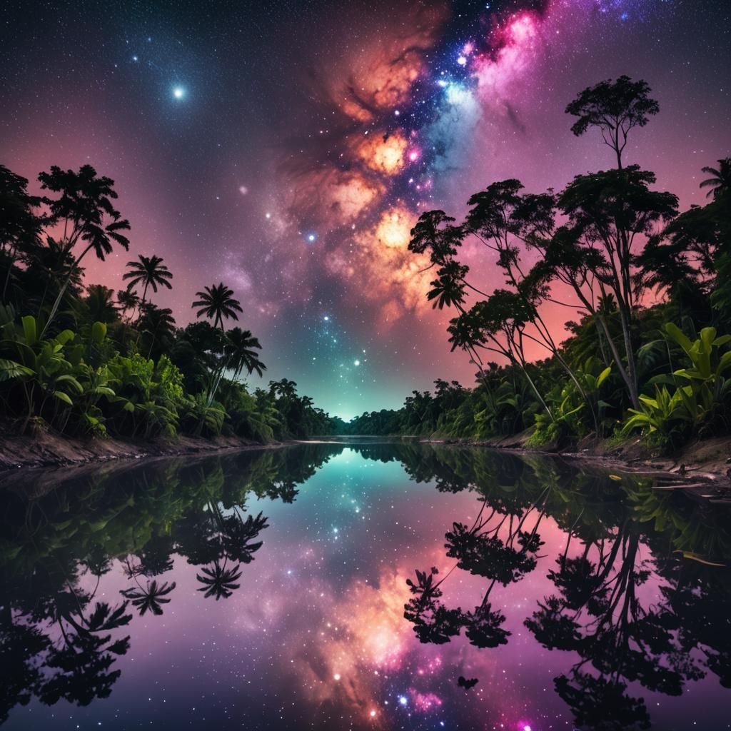 Galactic Reflection over Tropical River at Night