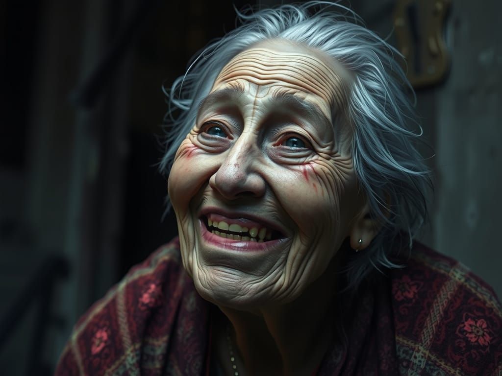 Eerie Grandmother Portrait in Macabre Manga Horror Style