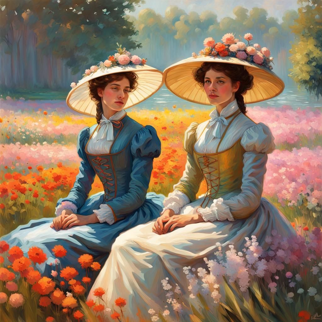 Elegant Women in Floral Field as Impasto Gouache