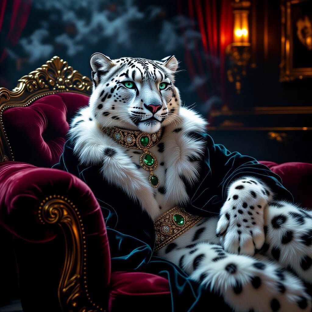 Snow Leopard Woman in Smoky Speakeasy, Film Noir Style