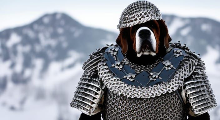 Armored Saint Bernard in Mountain Landscape