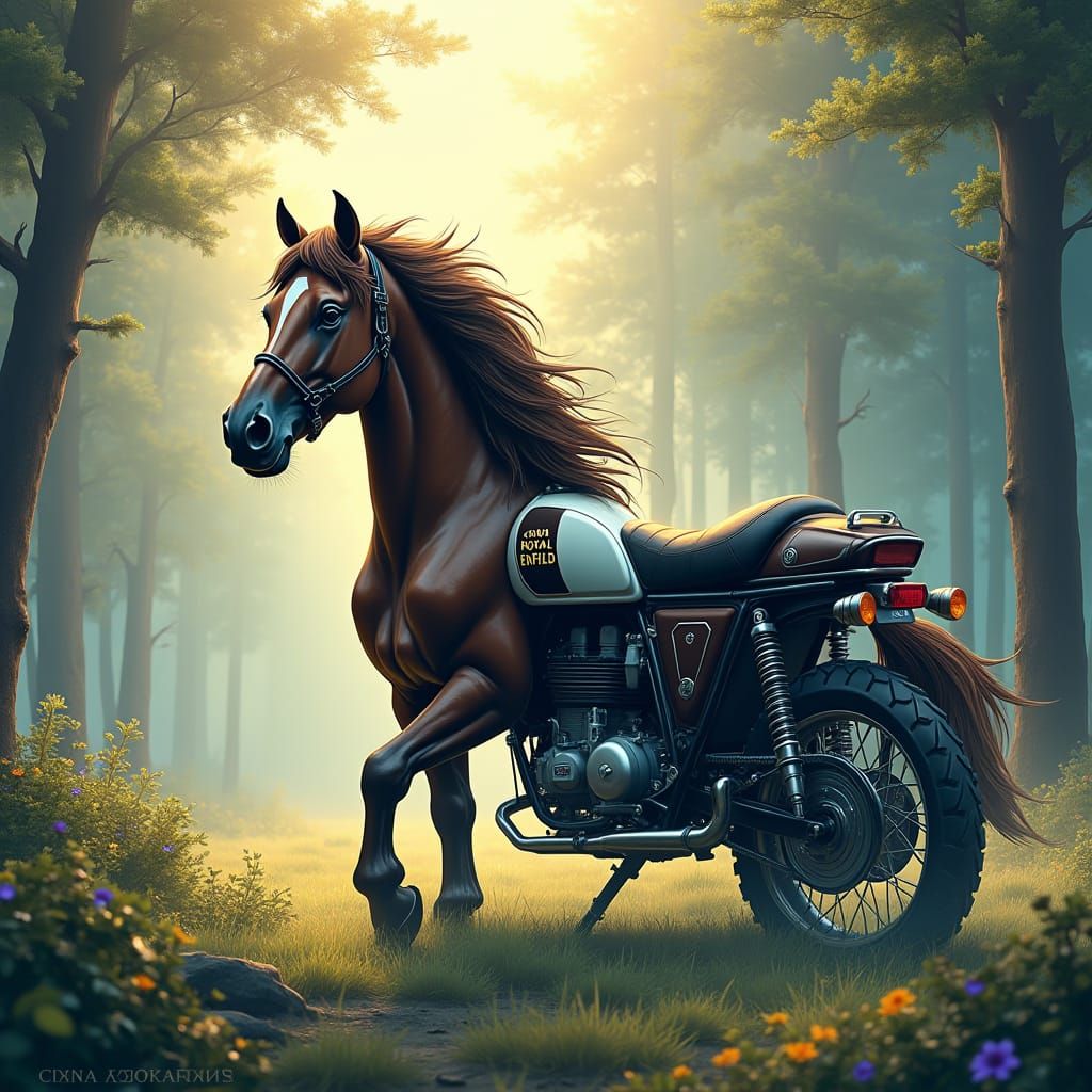 Majestic Horse Motorcycle Fusion in Mystical Forest