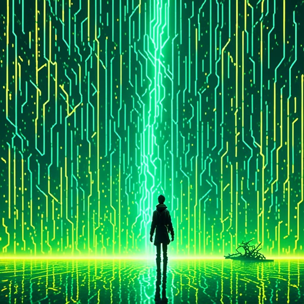 Cinematic powerful electrical currents green matrix raining down in yellow glowing background