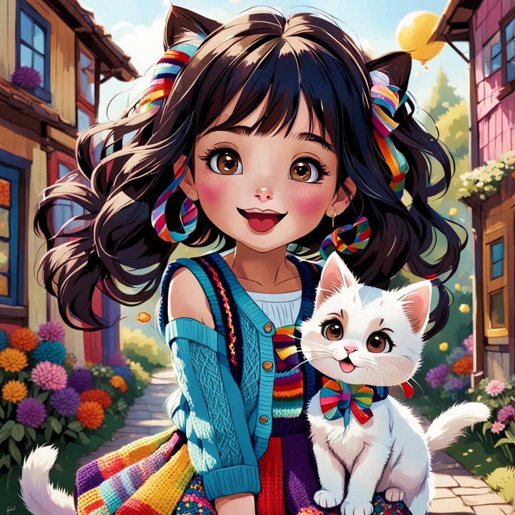 Girl with Kitten in Whimsical Cobblestone Square