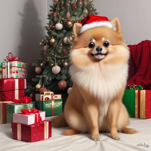Pomeranian Puppy Under Christmas Tree