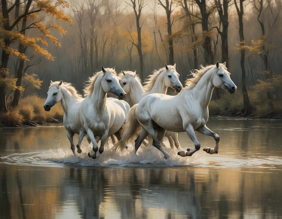 White Horses in Water: A Tonalist Painting