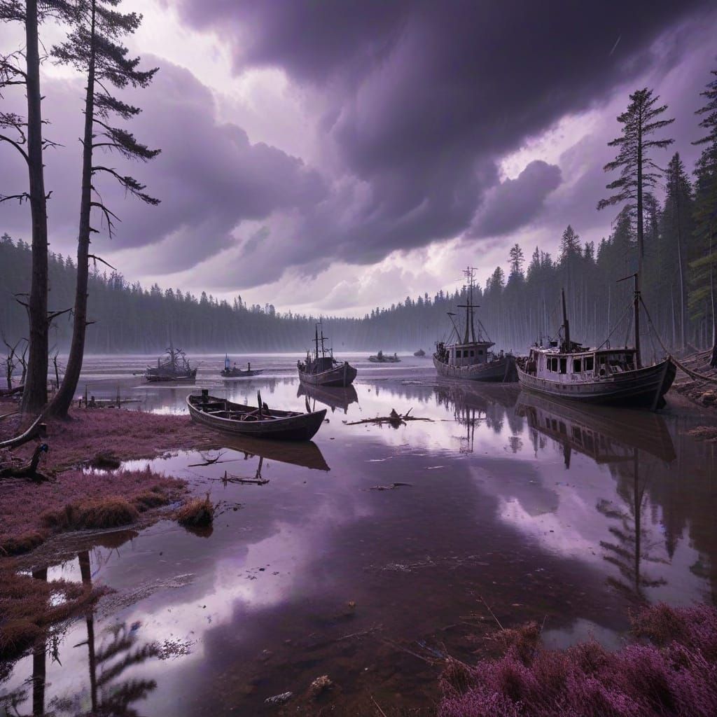 Eerie Landscape: Contaminated Lake, Derelict Ships, and Dead...