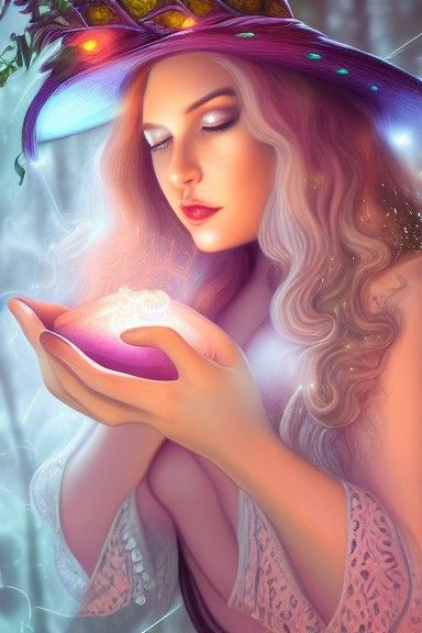 Glowing Goddess Brews Potion in Magical Cauldron