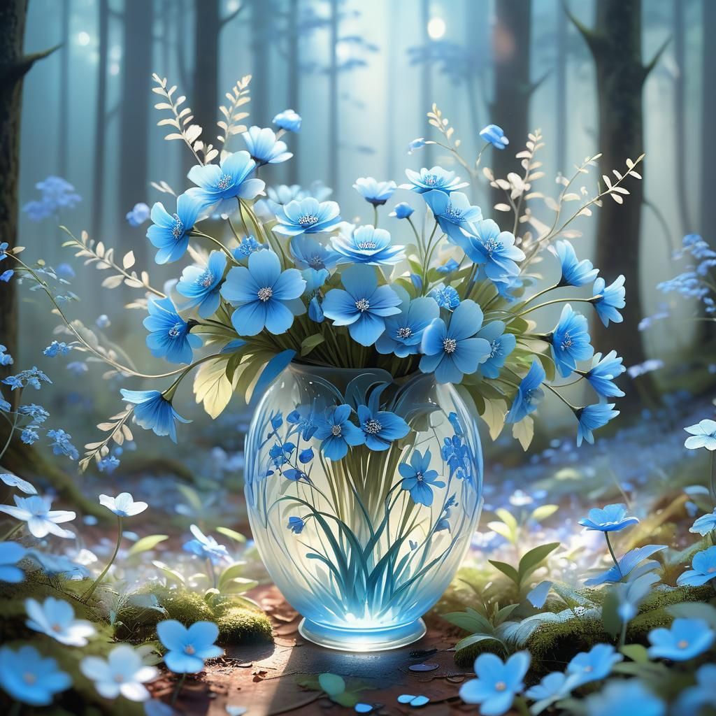 Blue Flowers in Misty Forest, 3D Anime Art