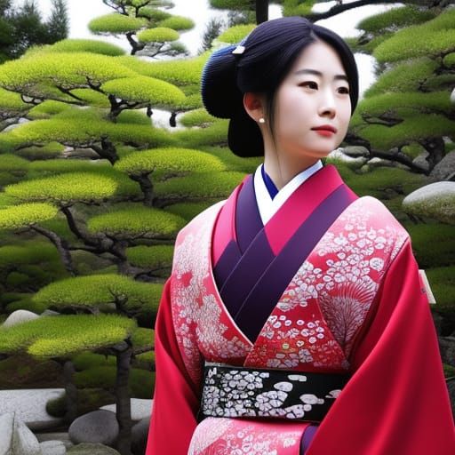 Anime Woman in Kimono at Shinto Shrine