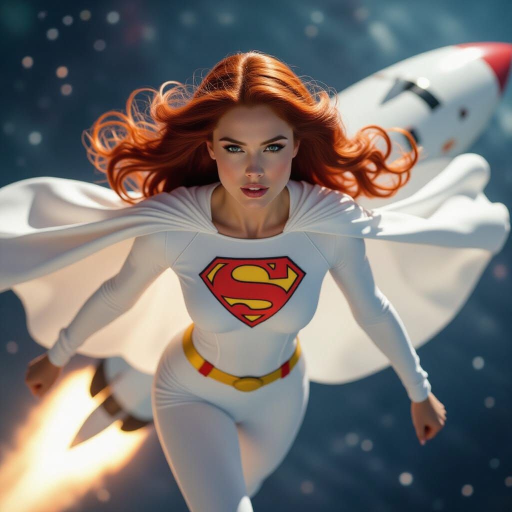 Red-Haired Heroine Soars Through Cosmos in White Cape